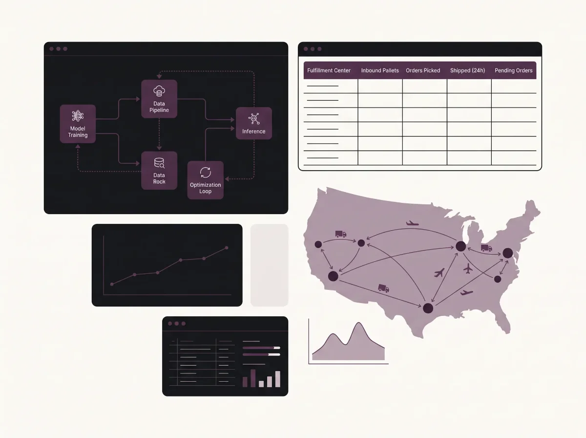 Collage of a model-training pipeline diagram, a fulfillment metrics table, a rising performance chart, and a purple US logistics network map with truck and air routes between distribution hubs