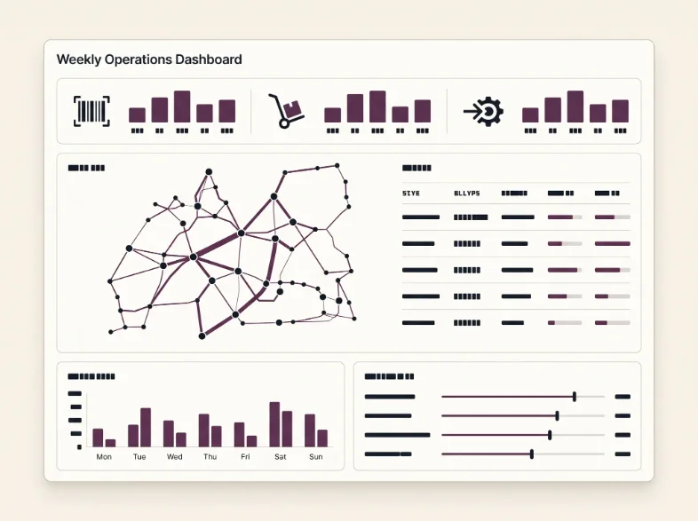 Weekly Operations Dashboard showing a warehouse network graph, bar charts by weekday, and KPI strips